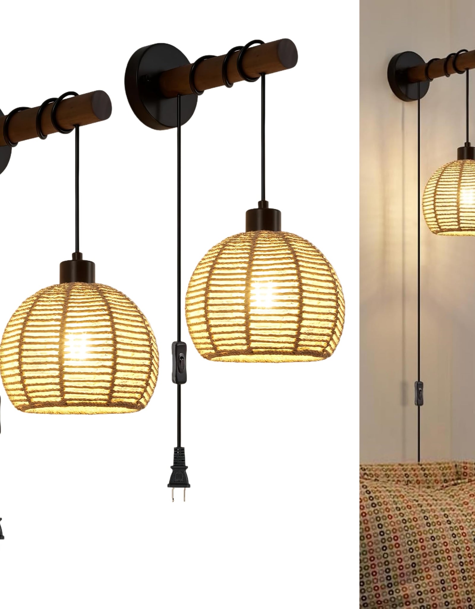 SGLfarmty Boho Rattan Plug-in Wall Sconces Set of 2 Rustic Hemp Rope