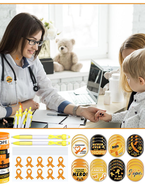 Load image into Gallery viewer, PullCrease Childhood Cancer Awareness Kit 400 Pcs Gold Ribbon Pens Bracelets
