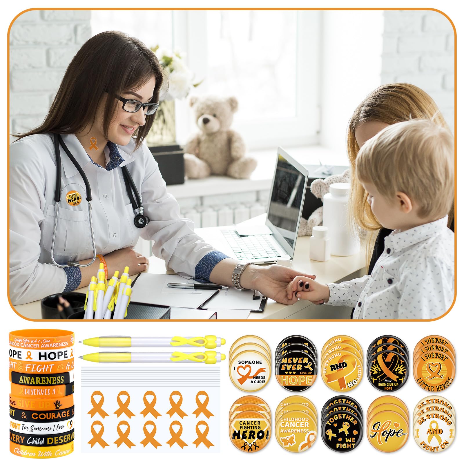 PullCrease Childhood Cancer Awareness Kit 400 Pcs Gold Ribbon Pens Bracelets