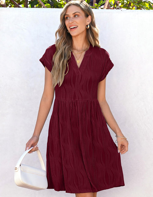 Load image into Gallery viewer, ANRABESS Womens Summer V Neck Cap Sleeve Tunic Dress Wine Red Size L
