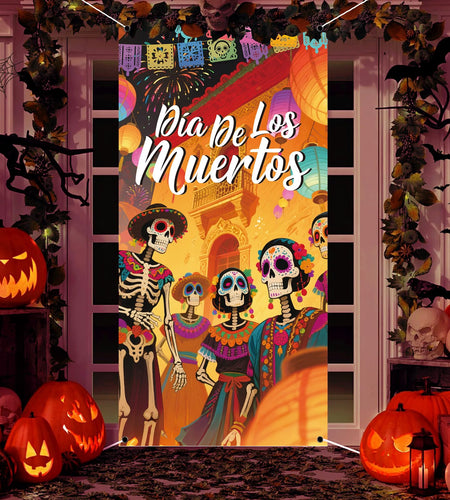 Day of The Dead Door Cover Sugar Skull Flowers Multi-colored 03
