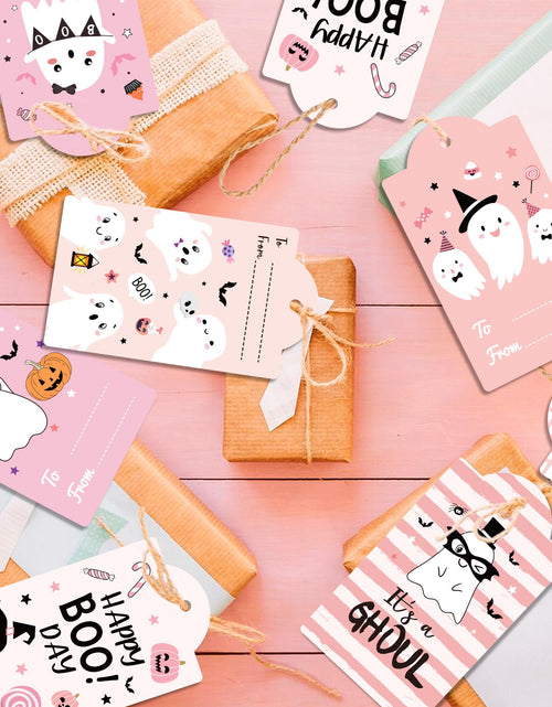 Load image into Gallery viewer, MOZUI Halloween Thank You Tags 60pcs Pink Black Ghost Pumpkin Kraft Paper
