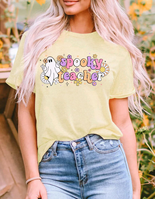 Load image into Gallery viewer, MAIHUN Women's Halloween Teacher Ghost Cartoon T-Shirt Cream Size L
