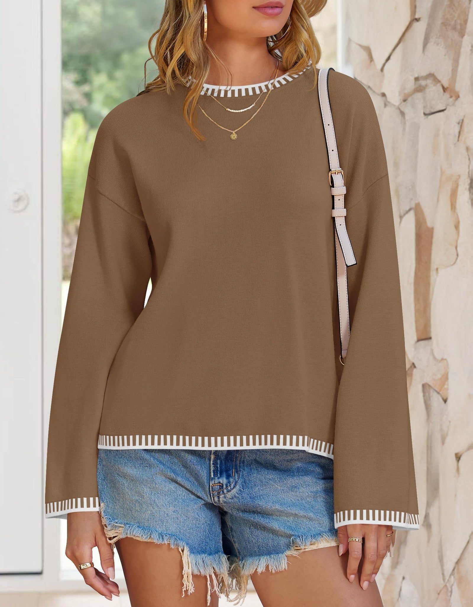 ZESICA Women's Oversized Ribbed Knit Sweater Crewneck Brown Size S
