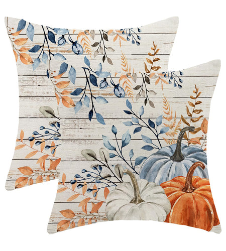 Yxuiyal Fall Pillow Covers 18x18 Set of 2 Blue Orange Pumpkin Leaves