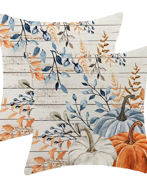 Load image into Gallery viewer, Yxuiyal Fall Pillow Covers 18x18 Set of 2 Blue Orange Pumpkin Leaves
