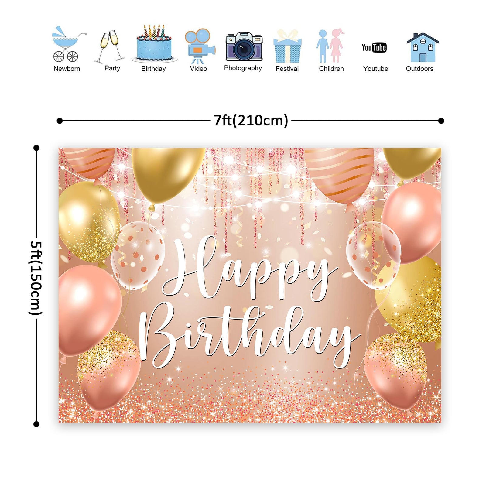 Riyidecor Happy Birthday Backdrop Champagne Pink Gold Balloons 7x5ft Polyester