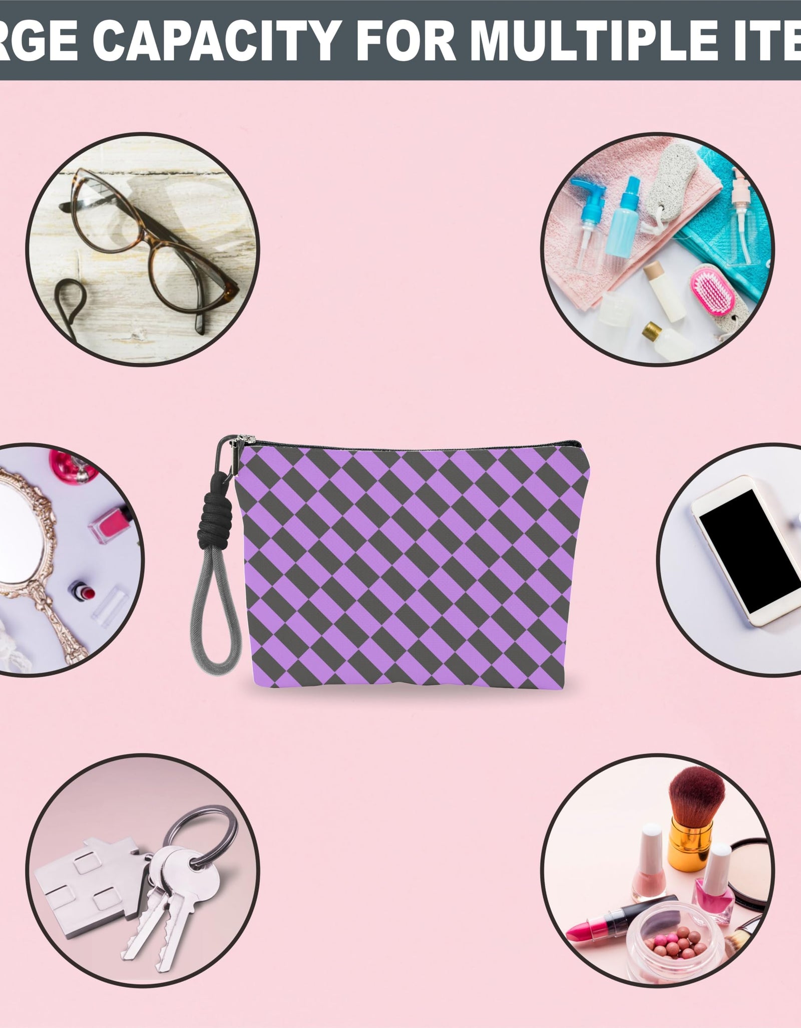 luixd Cosmetic Makeup Bag Travel Pouch Organizer Black Purple Checkerboard