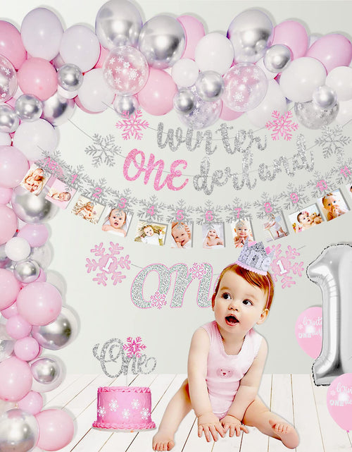 Load image into Gallery viewer, Shempeium Winter Onederland 1st Girl Banner Snowflake Pink Garland
