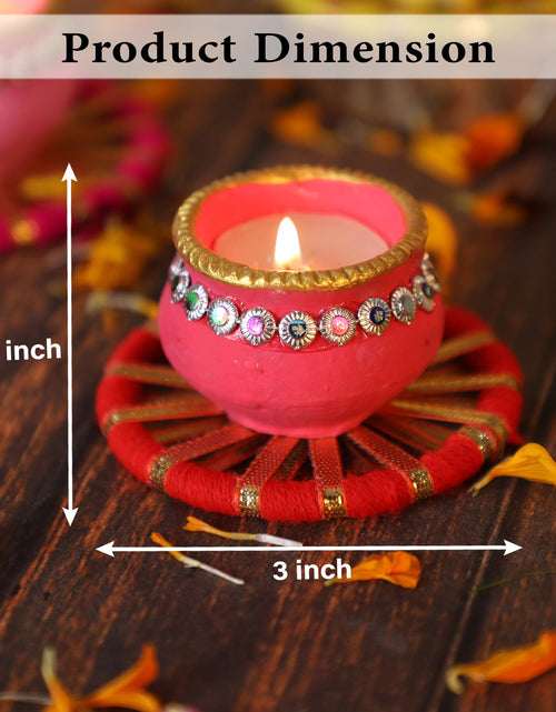 Load image into Gallery viewer, 4OUR FAITH Matki Wax Filled Diya Set Handpainted Terracotta 6 Pc Multicolor
