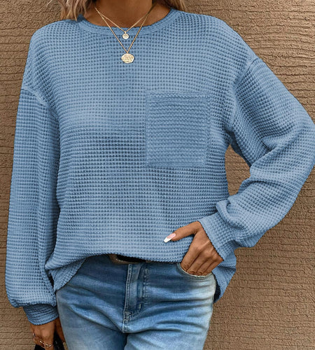 Dokotoo Women's Long Sleeve Waffle Crewneck Top Dusk Blue Size XX-Large
