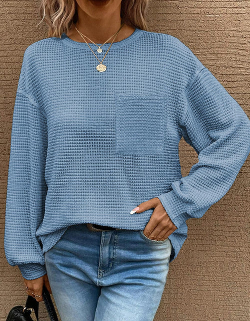 Load image into Gallery viewer, Dokotoo Women's Long Sleeve Waffle Crewneck Top Dusk Blue Size XX-Large
