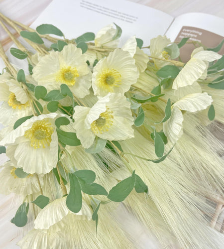 NoriStyle Silk White Artificial Poppy Flowers 6 Pcs Long Stems Indoor Decor