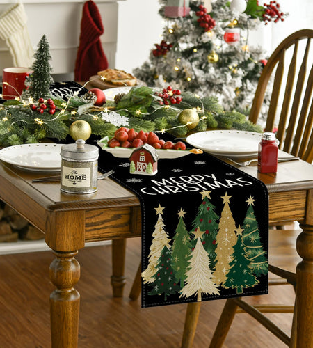 Artoid Mode Xmas Trees Snowflakes Table Runner Black 13x36 Inch