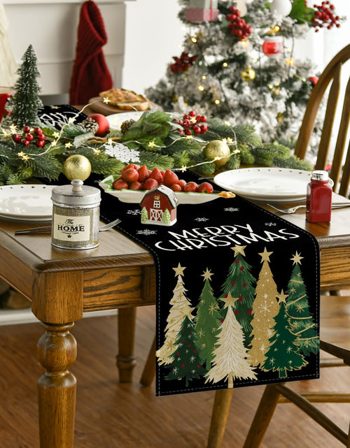 Load image into Gallery viewer, Artoid Mode Xmas Trees Snowflakes Table Runner Black 13x36 Inch
