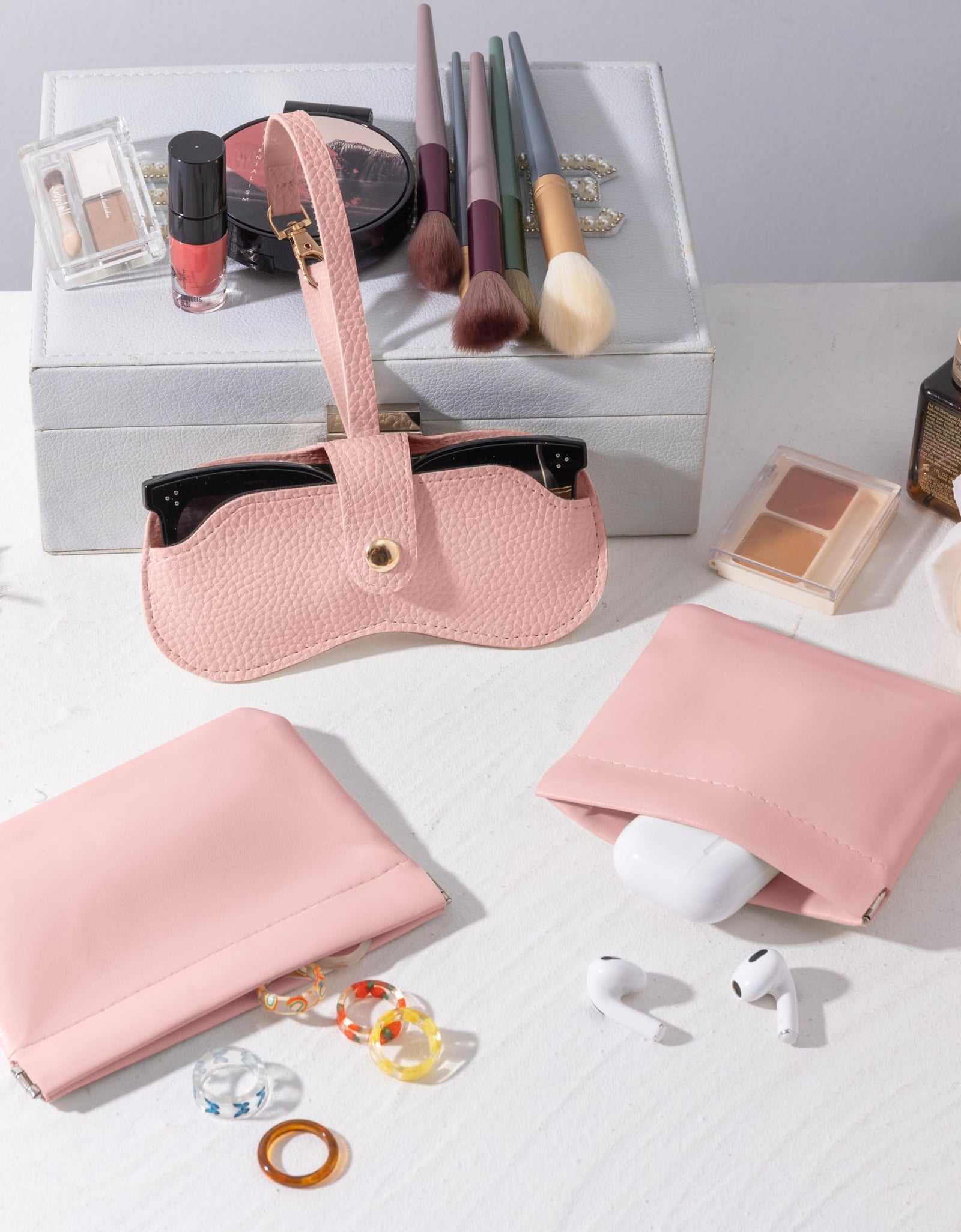 GQIRIL Mini Travel Cosmetic Bag Set 3PCS Waterproof Leather Pink