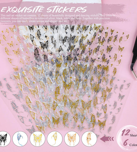 Kikonoke 12 Sheets Laser Butterfly Nail Stickers White Silver Gold 3D Decals