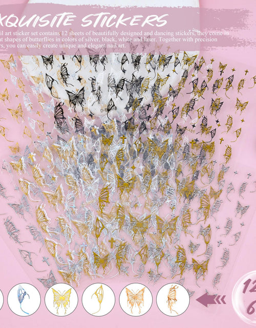 Load image into Gallery viewer, Kikonoke 12 Sheets Laser Butterfly Nail Stickers White Silver Gold 3D Decals
