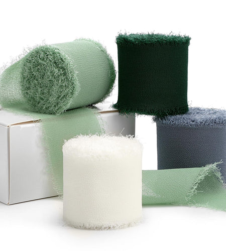 YANGTE Handmade Chiffon Silk Ribbon 1.5in x 28yd 4 Rolls Ivory Green Blue