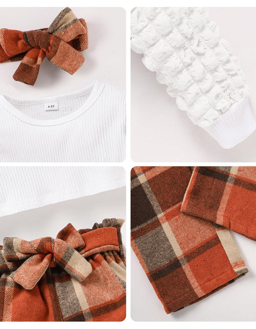 Load image into Gallery viewer, TITKKOP Toddler Baby Girl Ribbed Top Plaid Pants Belt Set Orange Grid Size 4-5T

