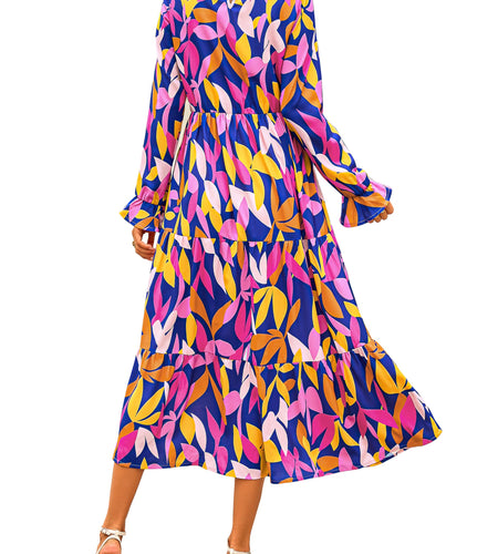 KIRUNDO Womens Long Sleeve Boho Floral Midi Dress Blue Purple Size M