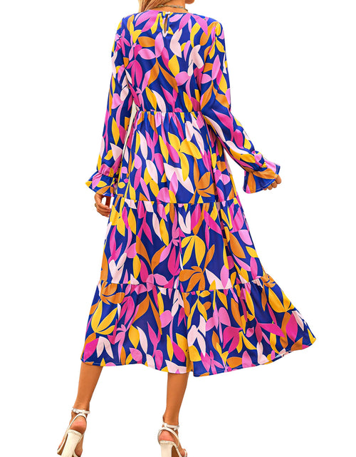 Load image into Gallery viewer, KIRUNDO Womens Long Sleeve Boho Floral Midi Dress Blue Purple Size M

