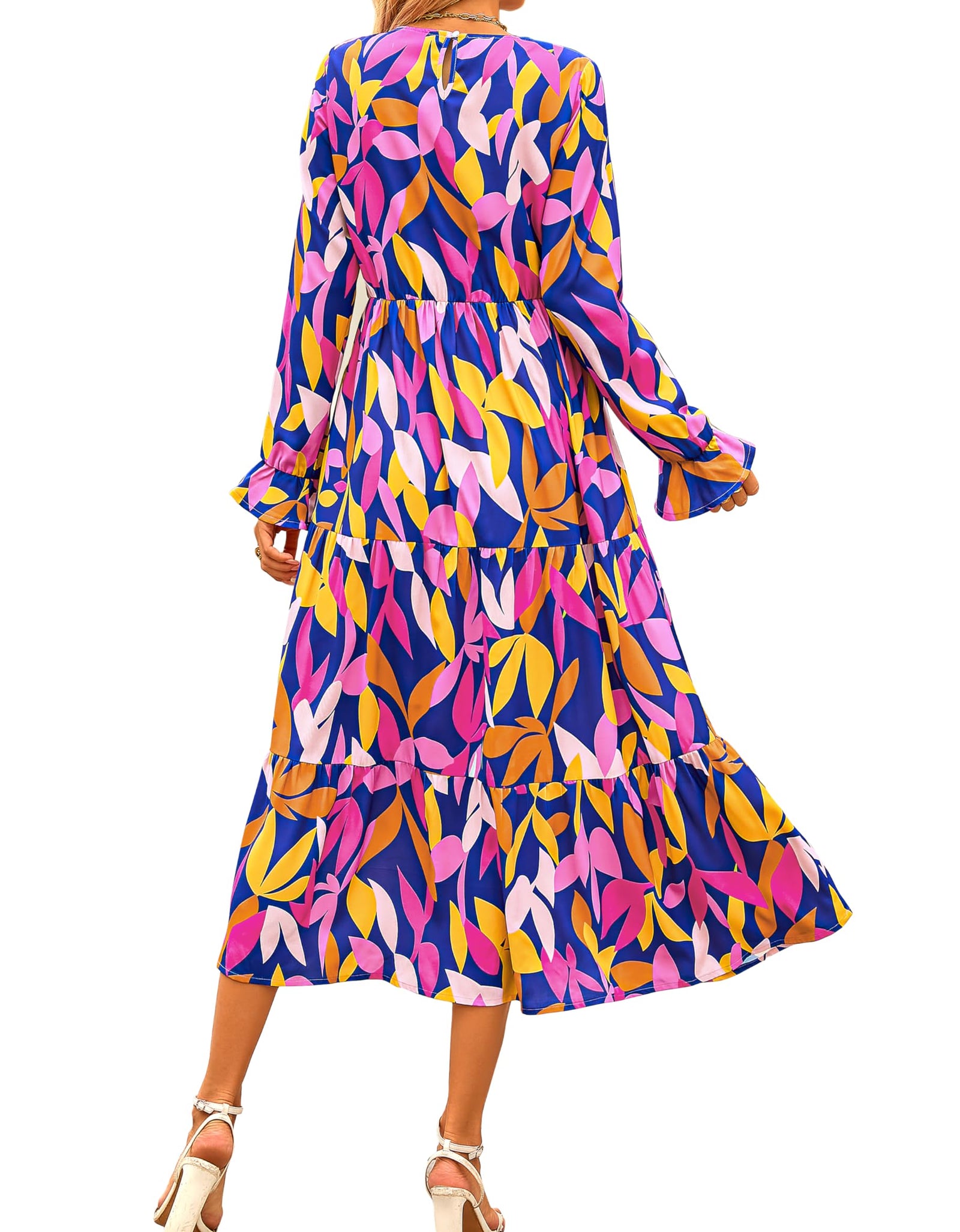 KIRUNDO Womens Long Sleeve Boho Floral Midi Dress Blue Purple Size M