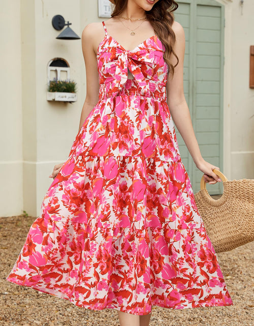 Load image into Gallery viewer, Gardenwed Women's Floral Print Maxi Dress Twisted V Neck Sleeveless Red Pink L
