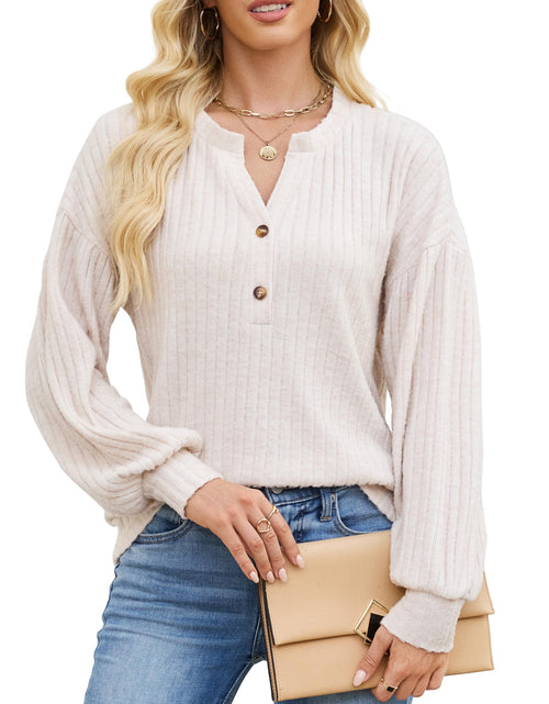 Load image into Gallery viewer, Edelqual Women's Long Sleeve Henley V Neck Sweater Blue Size L
