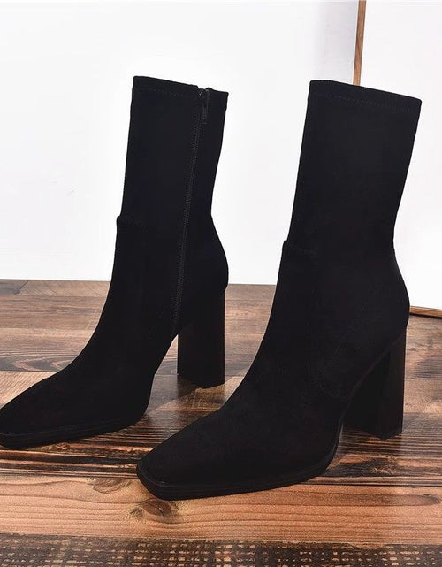 Load image into Gallery viewer, Square Toe Fleece-Lined French Boots – Chunky Heel Winter Style
