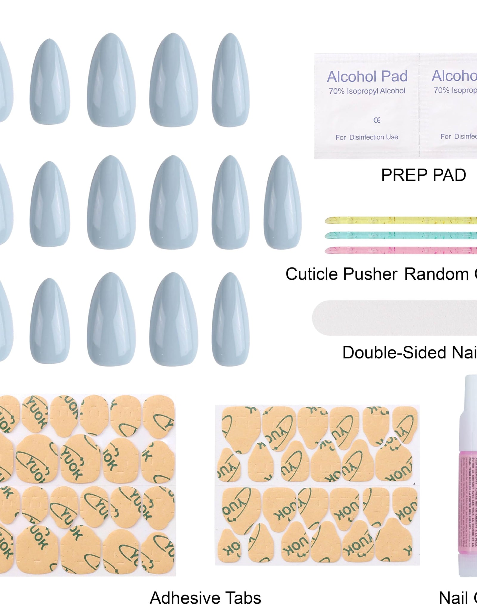 KBS Designer Handmade Press On Nails Blue Short French Tip Almond 16 Sizes Kit