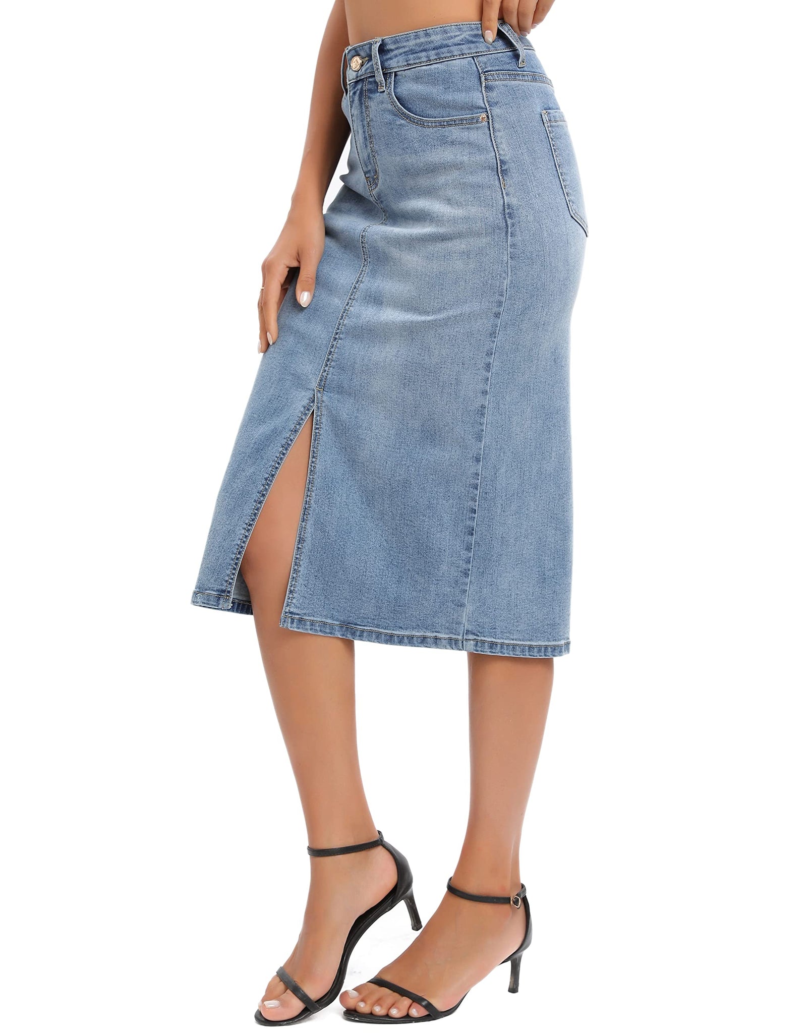 ETTELO Midi Denim Skirt High Waisted Slit Casual Stretch Deep Blue Size XX-Large