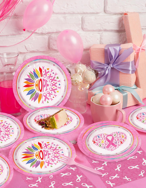 Load image into Gallery viewer, Detanpoly 96pcs Breast Cancer Awareness Pink Ribbon Plates Napkins Forks Set
