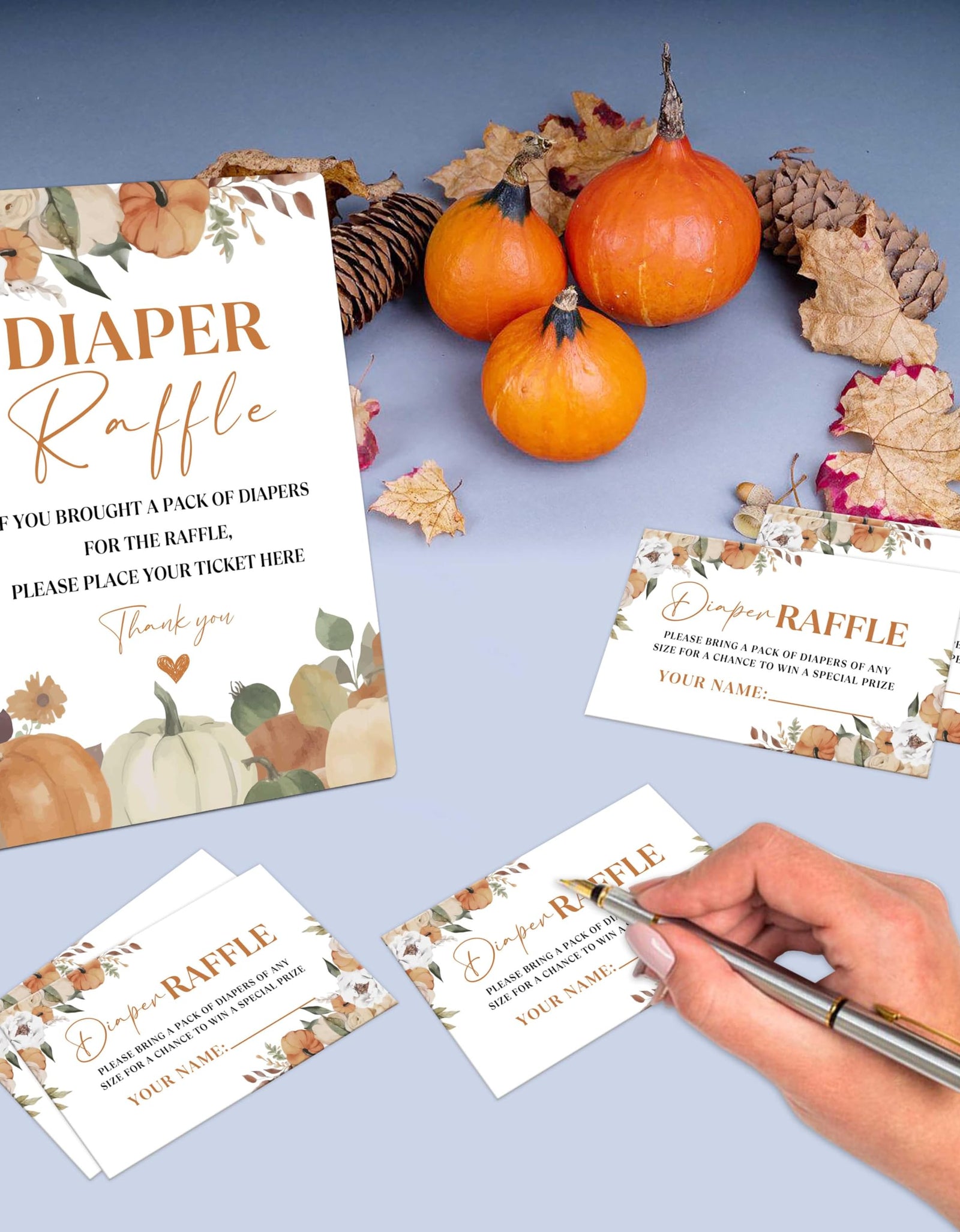 Serach Little Pumpkin Baby Shower Diaper Raffle Sign with Stand & 50 Tickets