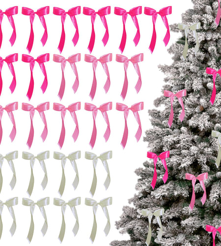 WISEgham Satin Ribbon Bows Christmas Tree Wreath Decor Pink Beige 24 Pc 8.1x9in