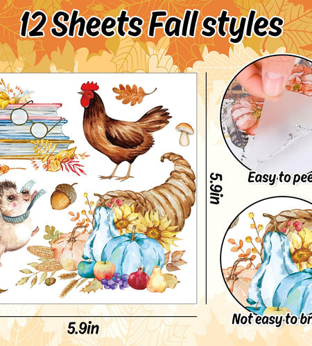 Whaline Fall Rub on Transfers 12 Sheets Autumn Pumpkin Farm Animal 5.9x5.9 Inch