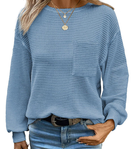Dokotoo Women's Long Sleeve Waffle Crewneck Top Dusk Blue Size XX-Large