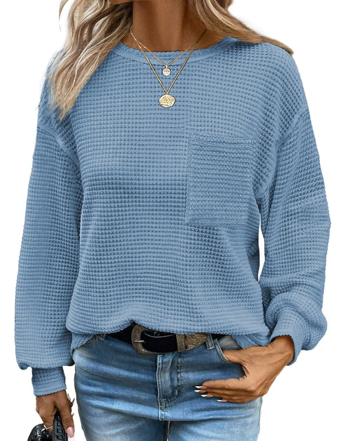 Load image into Gallery viewer, Dokotoo Women's Long Sleeve Waffle Crewneck Top Dusk Blue Size XX-Large
