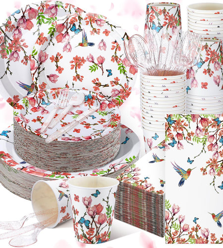 Sinmoe 400 Pcs Spring Plates Napkins Disposable Dinnerware Set Multicolor Bird