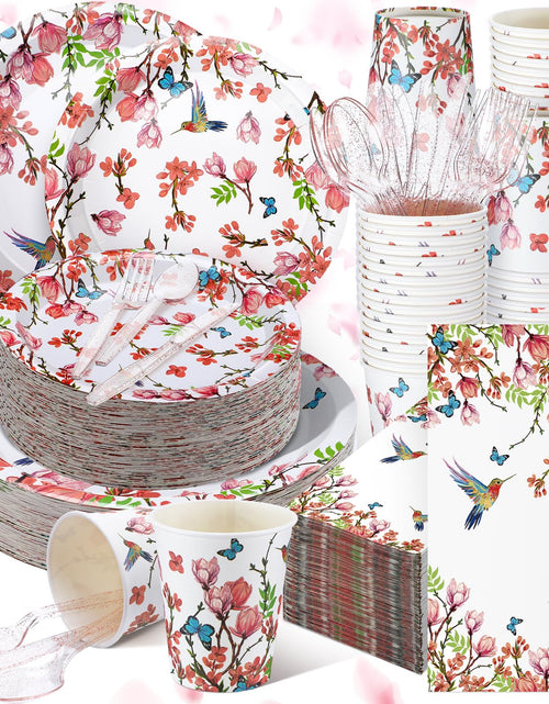 Load image into Gallery viewer, Sinmoe 400 Pcs Spring Plates Napkins Disposable Dinnerware Set Multicolor Bird
