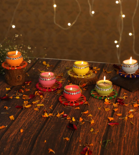 4OUR FAITH Matki Wax Filled Diya Set Handpainted Terracotta 6 Pc Multicolor