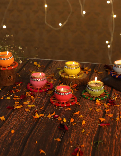 Load image into Gallery viewer, 4OUR FAITH Matki Wax Filled Diya Set Handpainted Terracotta 6 Pc Multicolor
