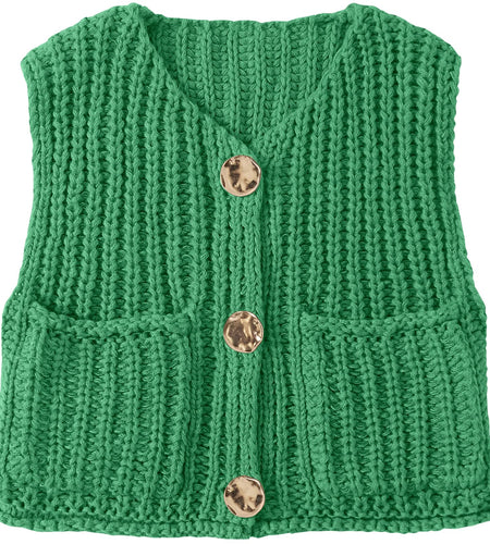 UEU Women's V Neck Crochet Sweater Vest Sleeveless Cardigan Green Size M