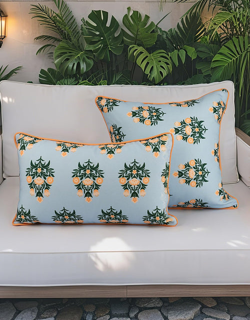Load image into Gallery viewer, TIDEVERA Throw Pillow Cover Water Repellent Baby Blue Orange Floral 18x18
