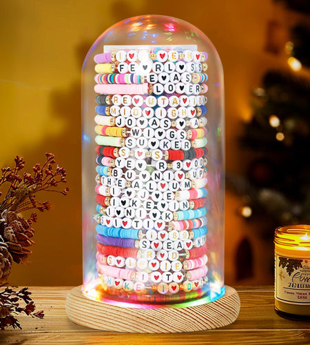 Aolamegs Friendship Bracelets Organizer with Lights Transparent Rustic Wood Base