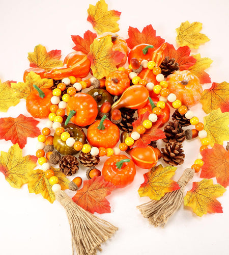Jutom 148 PCS Fall Artificial Pumpkins Set with Pinecones Acorns Leaves