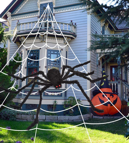 OCATO 200" Halloween Spider Web + 59" Giant Spider Decorations Black