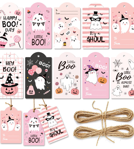 MOZUI Halloween Thank You Tags 60pcs Pink Black Ghost Pumpkin Kraft Paper