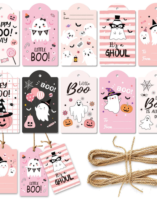 Load image into Gallery viewer, MOZUI Halloween Thank You Tags 60pcs Pink Black Ghost Pumpkin Kraft Paper
