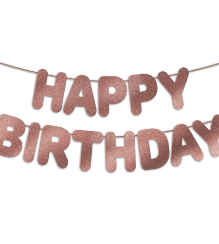 JunyRuny Pre-Strung Happy Birthday Banner Rose Gold Glitter Party Decor